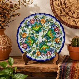 Vintage Talavera Puebla Mexico Floral Scalloped Ceramic Plate Size 9in Folk Art
